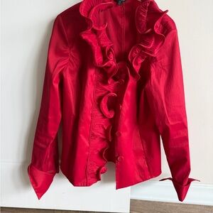 Samuel Dong Vintage Red Ruffle Stretch Button-up Blouse